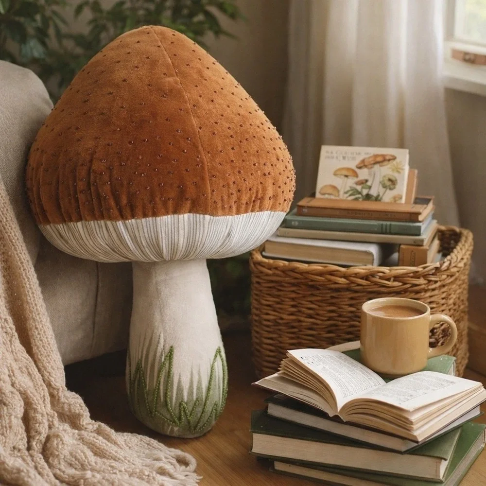 Whimsical Mushroom Plush Pillow Accent Decor Brown Beaded‎ Cap Cottagecore Artsy